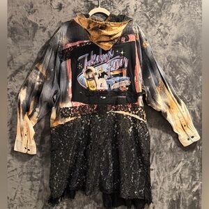 Upcycled No Boundaries Flannel Jacket 3X Hooded Lace Tunic Jukebox Graphic